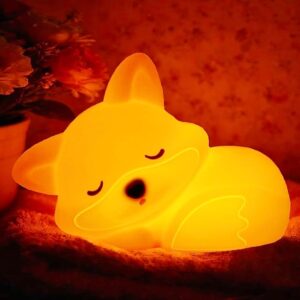 woodland fox night light for nursery, soft silicone baby lamp dimmable fox decor, cute forest animal night light for kids room