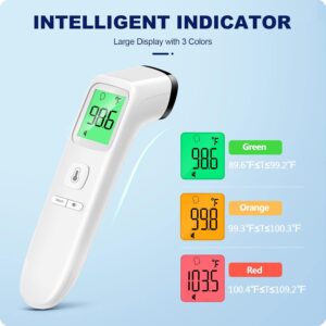 No-touch digital thermometer measuring a baby’s temperature in a nursery, silent mode and fever alarm

