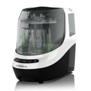 Baby Brezza Baby Bottle Washer Pro sterilizing and drying bottles in a modern nursery setup
