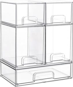 Clear stackable storage drawer bins for organizing baby bottles pump parts and nursery supplies