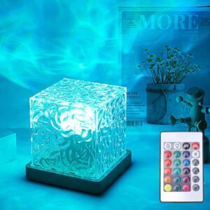 ocean wave projector night light with blue ripple effect, coastal nursery ambient lighting, LED cube lamp for calming baby room decor