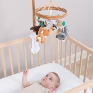 woodgrain musical crib mobile with woodland theme animals, nursery mobile with lullabies forest baby room decor above crib