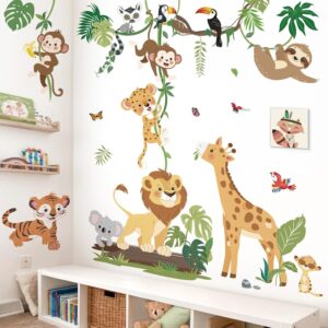 jungle animal wall decals climbing tree with giraffe lion and monkey, safari nursery wall decor peel and stick baby room design