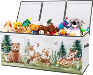 woodland animal toy storage chest for nursery, forest themed kids room organizer with flip lid, neutral baby room toy box with woodland design