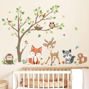woodland animal wall decals tree with fox deer owl, forest nursery peel and stick wall decor for baby room woodland theme design