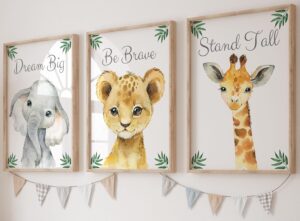 safari nursery wall art prints with giraffe elephant and lion, jungle themed baby room decor with inspirational quotes stand tall dream big be brave