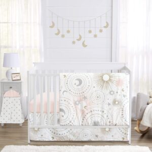 blush pink celestial crib bedding with stars and moon gold accents, dreamy nursery bedding set for baby girl space themed room decor
