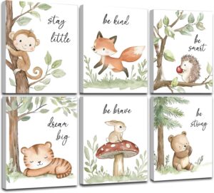 framed woodland nursery wall art set with forest animals, neutral baby room gallery wall decor for woodland themed nursery