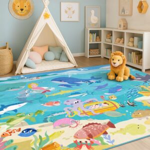 ocean themed kids rug with whale and mermaid design, coastal nursery play mat, washable non slip baby room rug beach theme decor