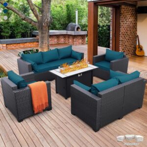 5 piece rattan patio set with fire pit for entertaining on cool evenings