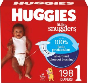 Huggies Little Snugglers size 1 diapers pack for newborns, 198-count, cozy nursery essential
