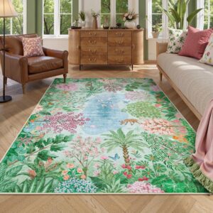 green jungle themed area rug in nursery with floral pattern, soft washable nursery rug for safari baby room decor