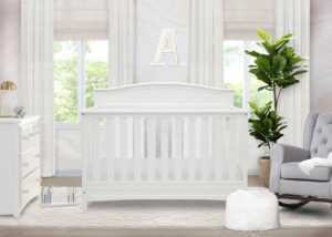 Delta Children Emery 4-in-1 convertible baby crib in white designed to convert from crib to toddler bed daybed and full-size bed