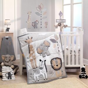 neutral woodland crib bedding in gray tan and white, forest themed baby nursery decor with animal pattern bedding set