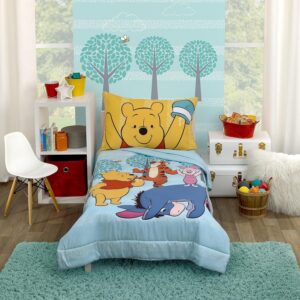 Winnie the Pooh toddler bed set with bright aqua and gold colors featuring Pooh Tigger Piglet and Eeyore, Disney toddler bedroom decor idea