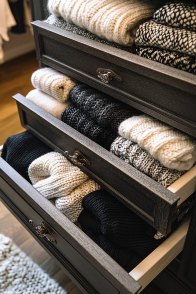 Dark wood dresser with neatly folded clothing displayed in organized drawers