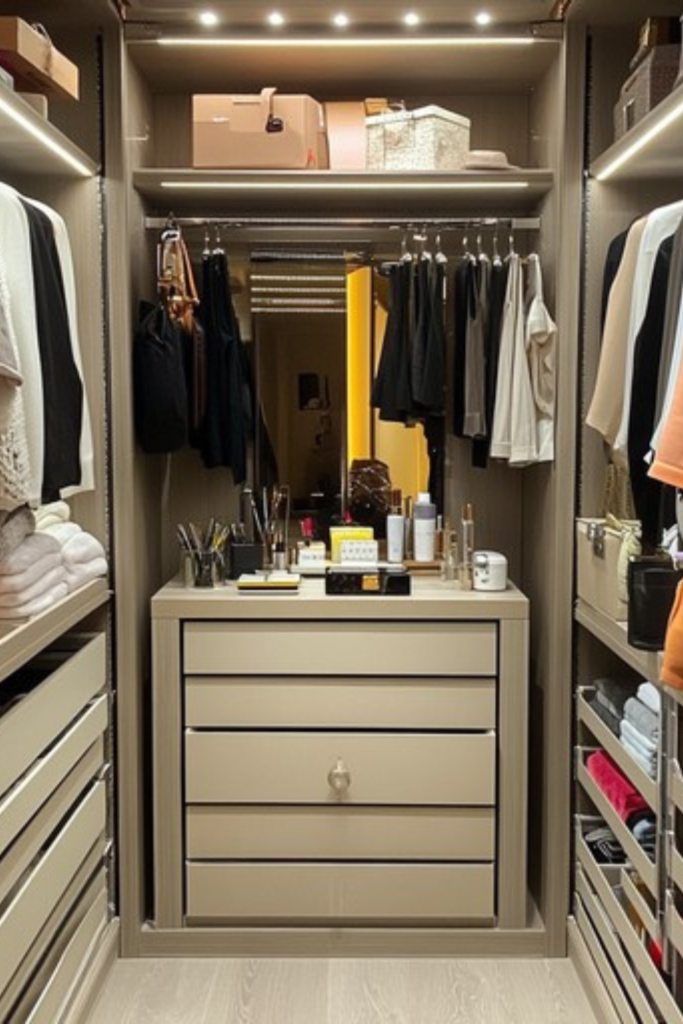 Stylish dresser inside a bright walk-in closet with organized bedroom storage