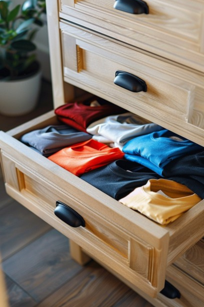 Light-colored bedroom dresser with organized storage and folded clothing