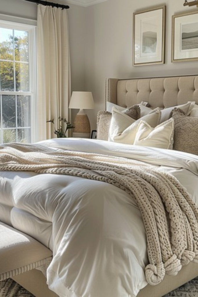 Inviting neutral bedroom with textured bedding, decorative pillows, and cozy layers