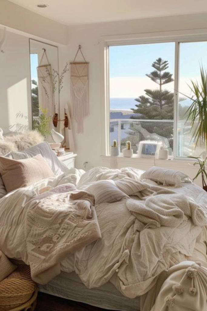 Cozy bedroom with layered neutral bedding, plush pillows, and soft throw blankets