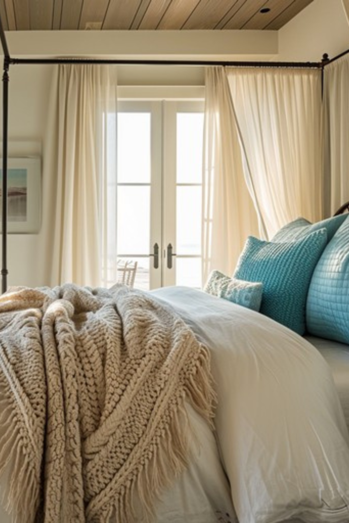 Luxury hotel-inspired bed with white bedding and sage green accent pillows