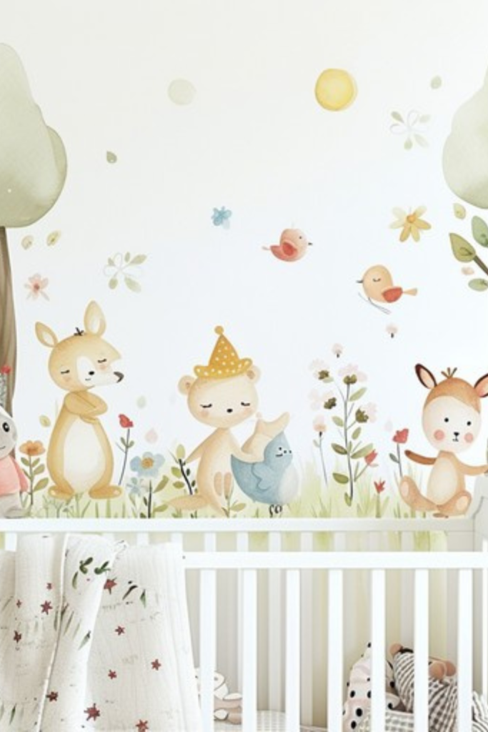 Woodland animal nursery with white crib and forest-themed mural featuring animals and trees