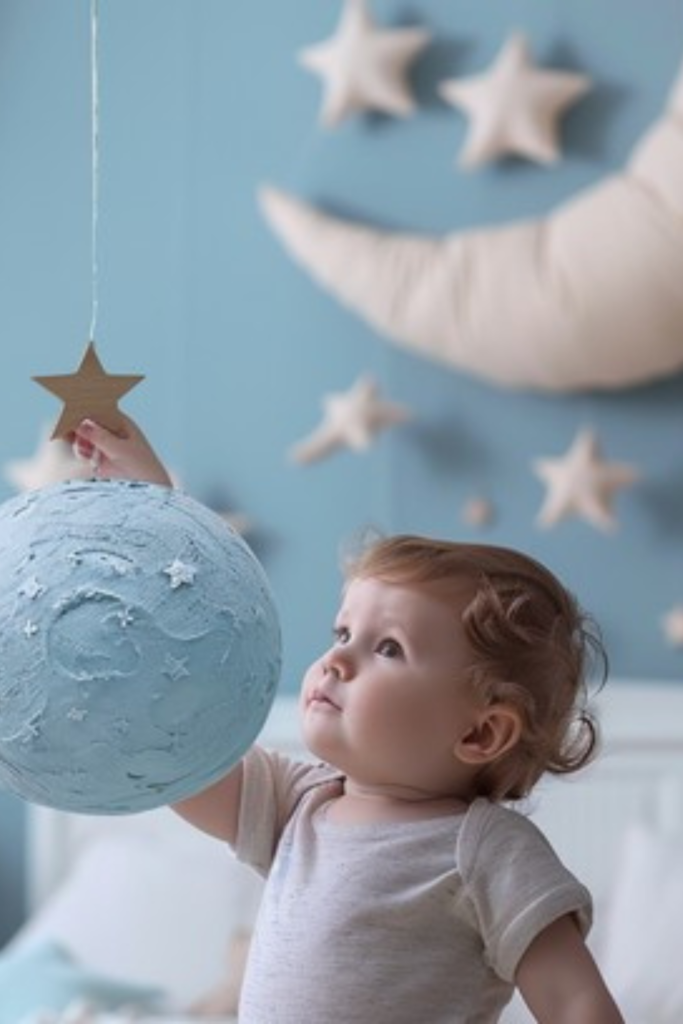 Baby reaching for celestial nursery mobile featuring stars, moon, and planets