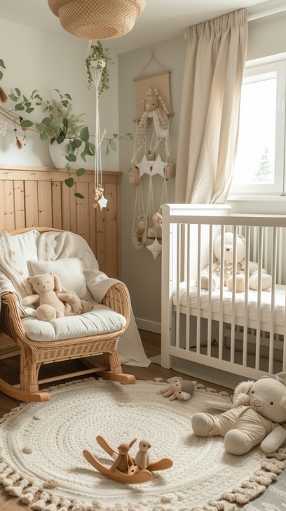 Neutral nursery with white crib, wicker rocking chair, hanging mobile, and soft natural decor