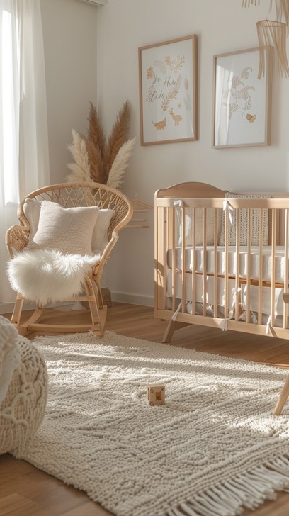 Chic neutral nursery with rattan crib, wicker rocking chair, textured rug, and natural accents
