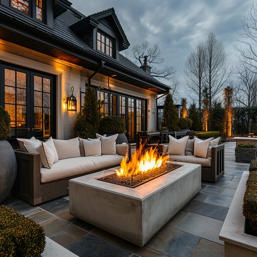 Beautiful backyard patio with comfortable seating around a lovely firepit