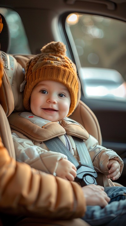 Smiling baby in a car seat wearing a cozy winter jacket and knit hat
