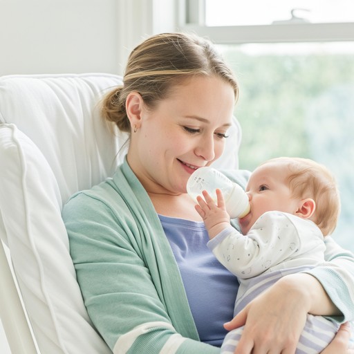 Mother feeding her baby while sitting in a chair during a quiet feeding time
