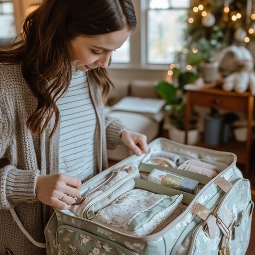 Mother organizing a diaper bag with neatly arranged baby essentials