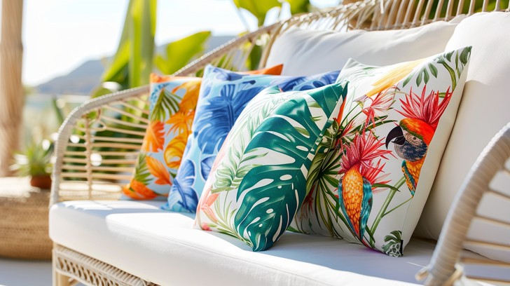 Charming wicker loveseat with white cushion and tropical accent pillows.