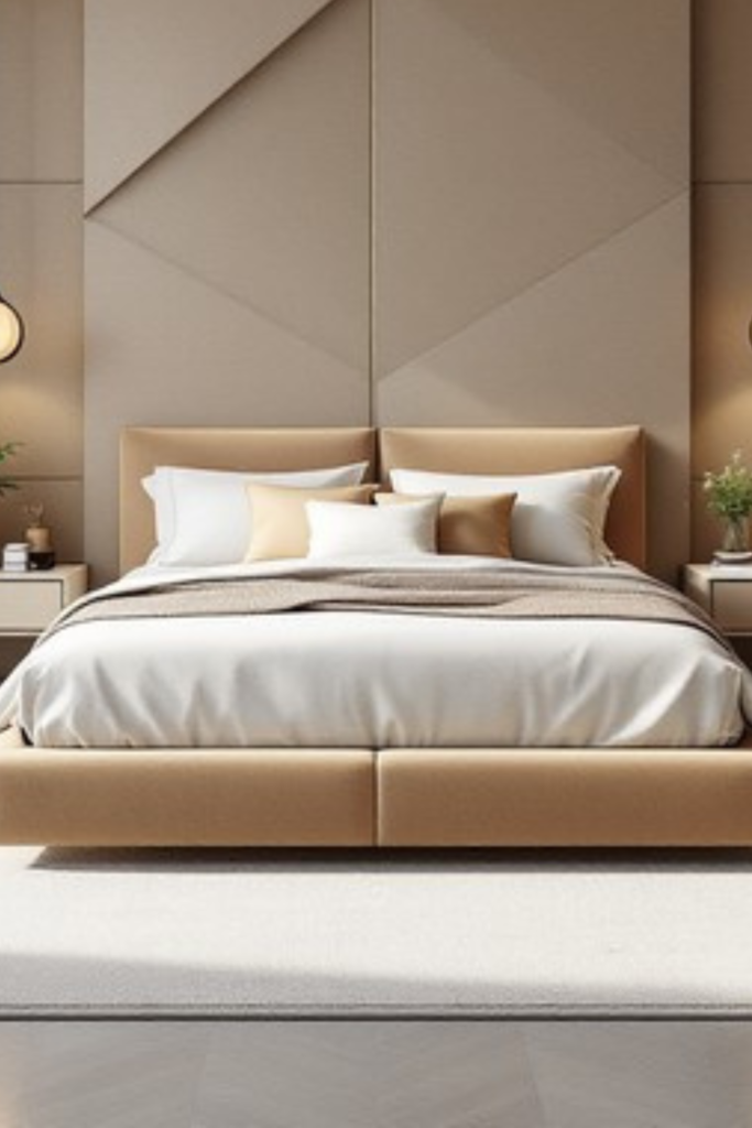 Elegant bedroom featuring a soft upholstered headboard and luxury-inspired bedding