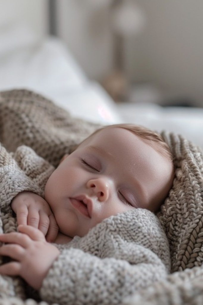 Peacefully sleeping baby wrapped in soft cream blankets