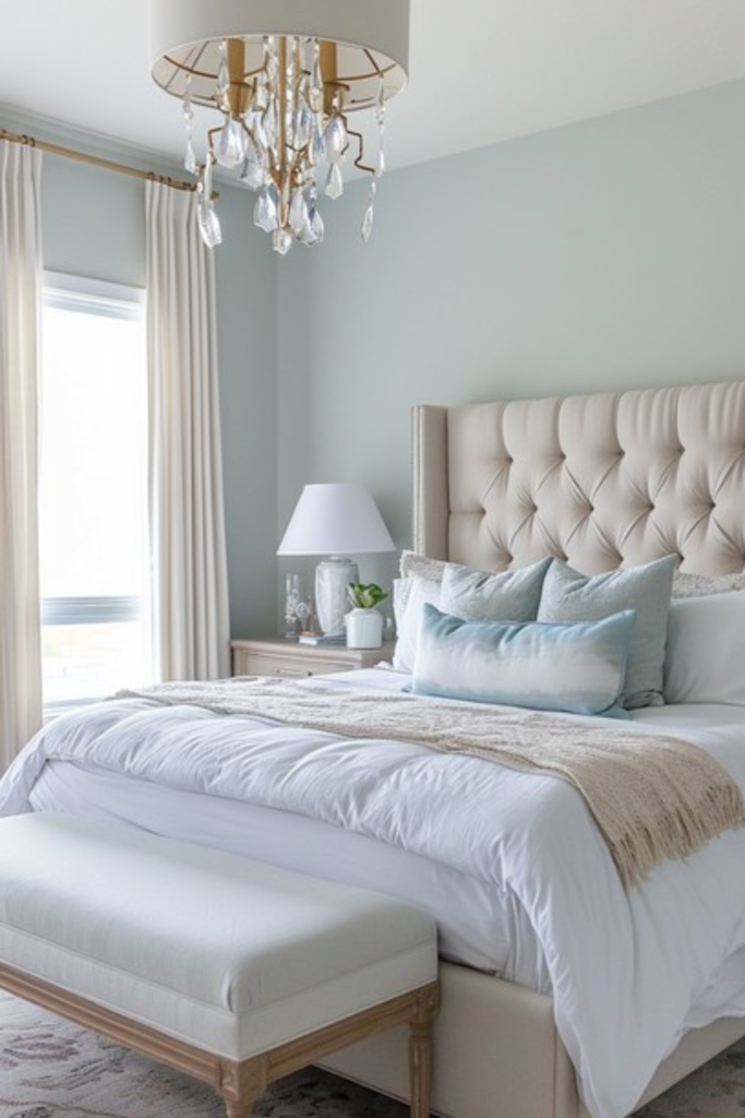 Beautiful neutral bedroom with an upholstered bed, layered bedding, and warm cozy decor
