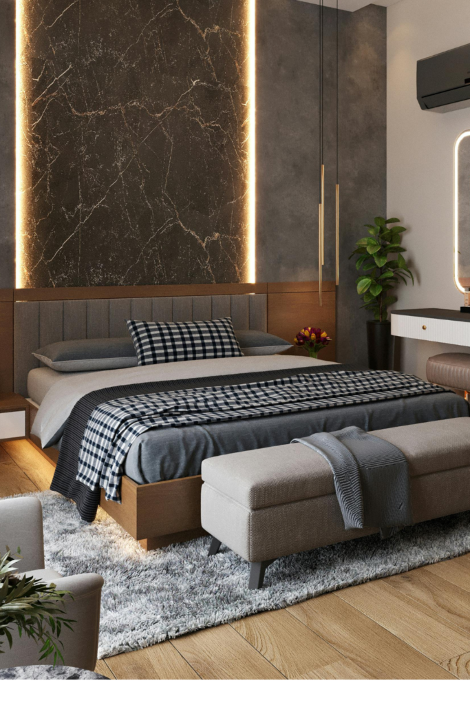 Chic neutral bedroom with upholstered bed, textured pillows, and cozy accents