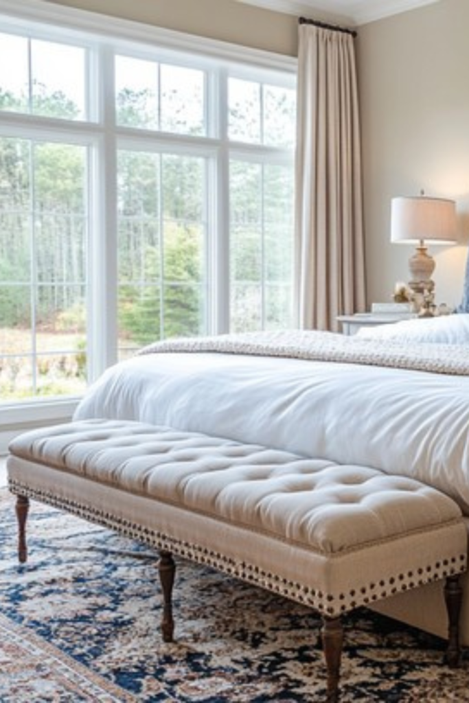Tufted storage bench placed at the foot of a cozy bedroom bed