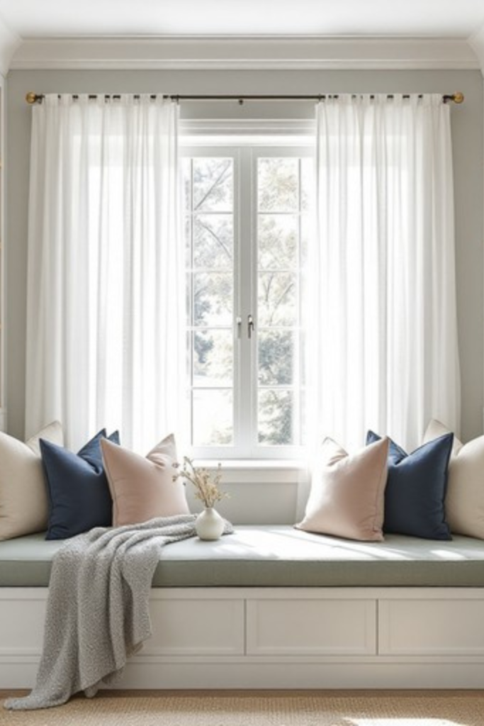 Window bench with accent pillows creating a cozy bedroom reading nook