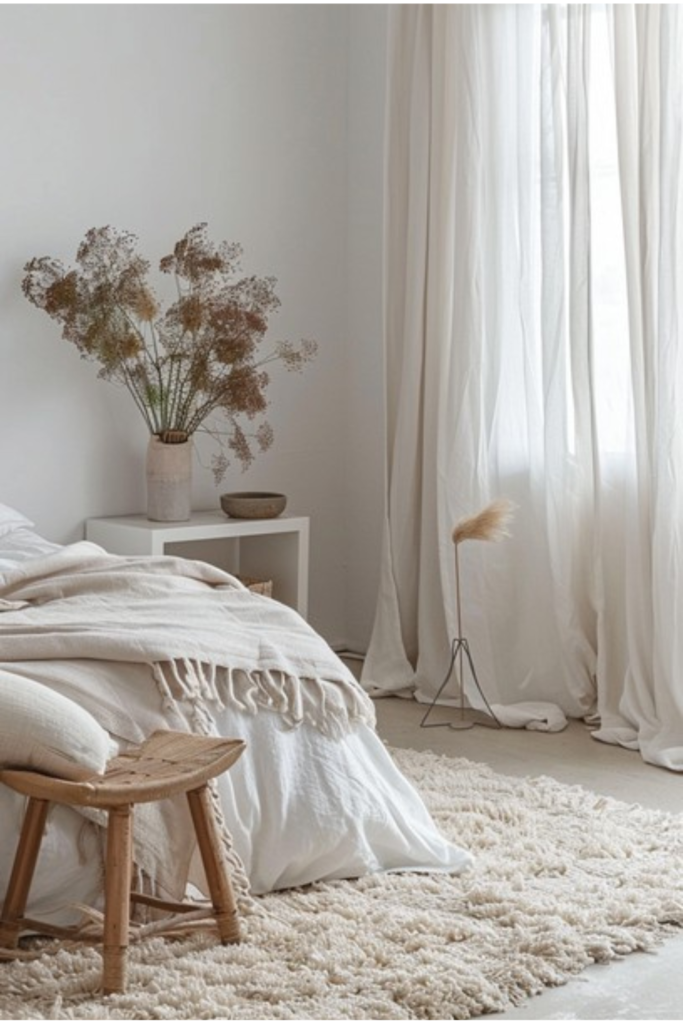 Soft fluffy area rug layered beneath a neutral upholstered bed