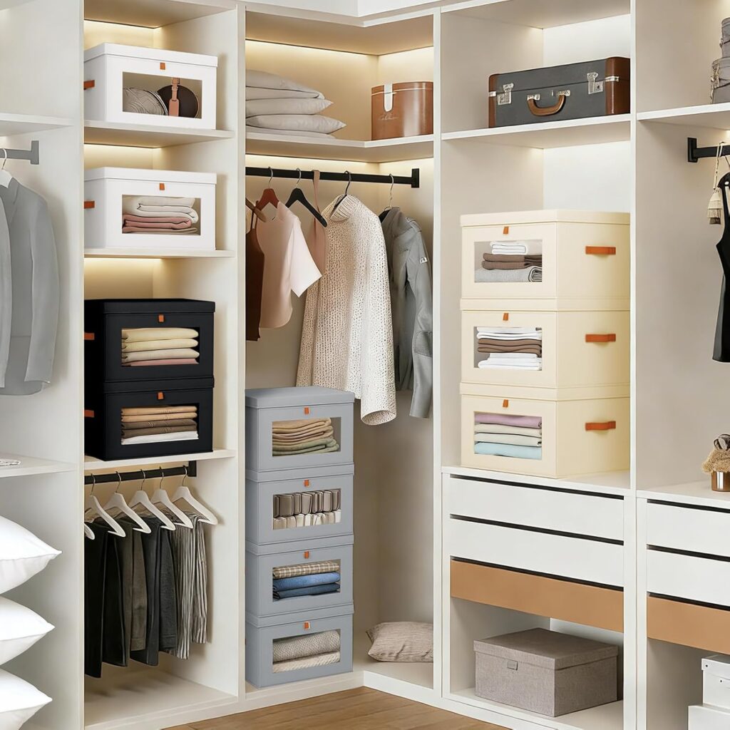closet organization bins drawers and labeled storage containers for shelves
