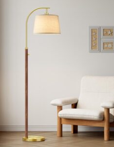 mid century modern floor lamp with linen shade and wood details