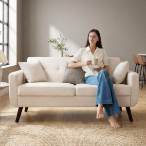 Compact mid-century modern loveseat sofa with tufted beige fabric and wooden legs