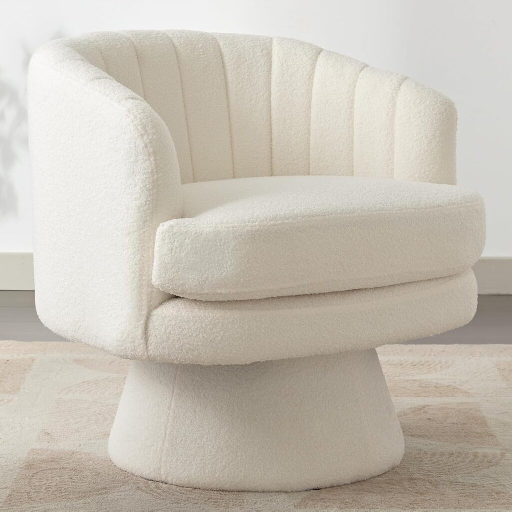 modern curved boucle accent chair in minimalist living room design