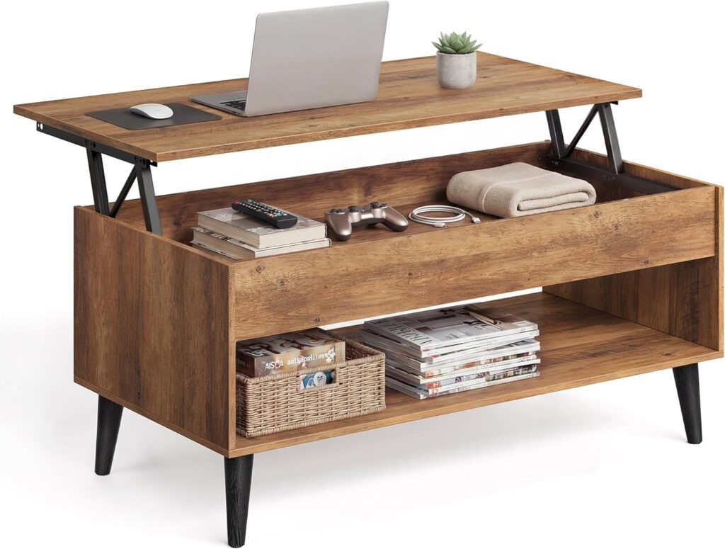 wood lift top coffee table rustic style in cozy living room with warm tones