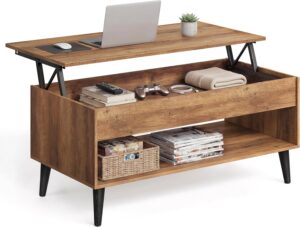 wood lift top coffee table rustic style in cozy living room with warm tones