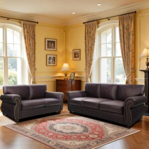 Mid-century modern brown sofa set with rivet detailing including loveseat and three-seater