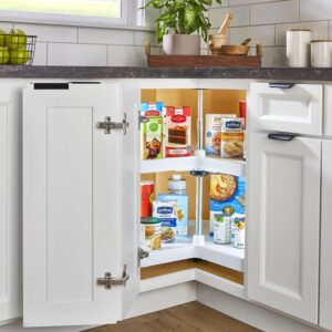 corner cabinet organization with kidney shaped lazy susan shelves for maximizing hard to reach space