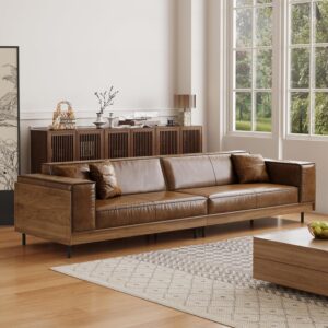 mid century modern brown leather sofa with wood accents for living room